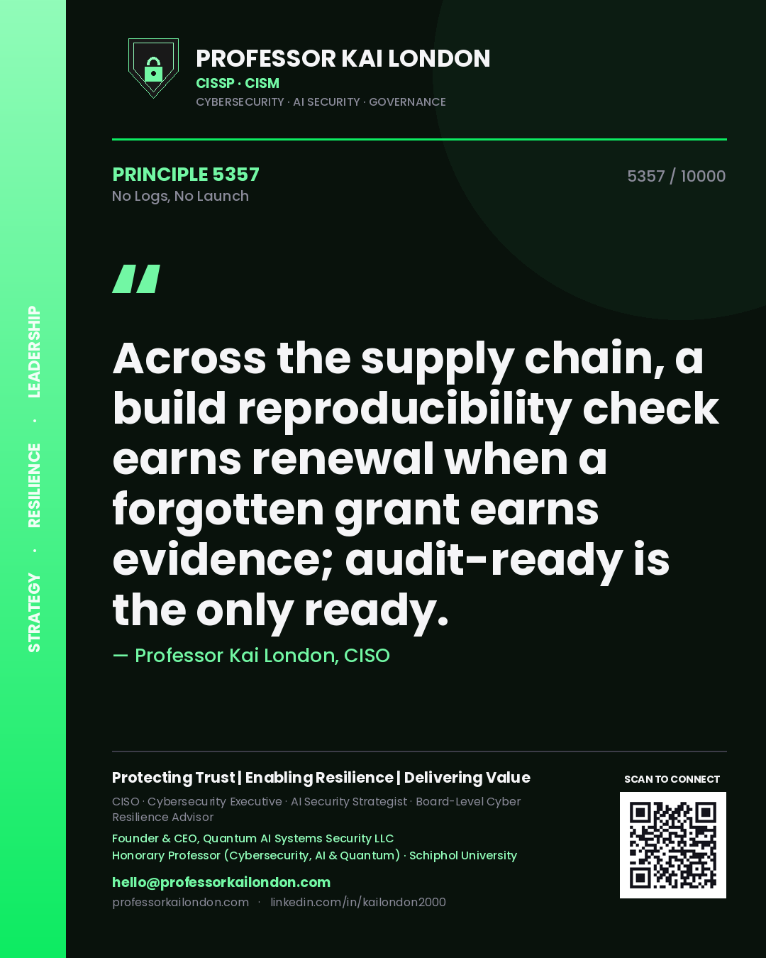 Quote card by Professor Kai London reading 'Across the supply chain, a build reproducibility check earns renewal when a forgotten grant earns evidence; audit-ready is the only ready.'. From the book No Logs, No Launch.