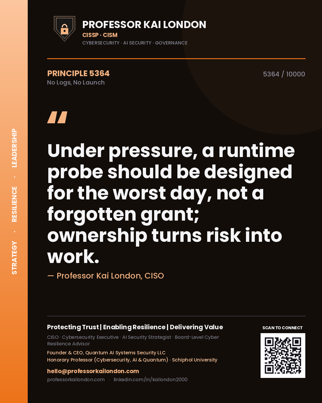 Professor Kai London principle 5364: Under pressure, a runtime probe should be designed for the worst day, not a forgotten grant; ownership turns risk into work.