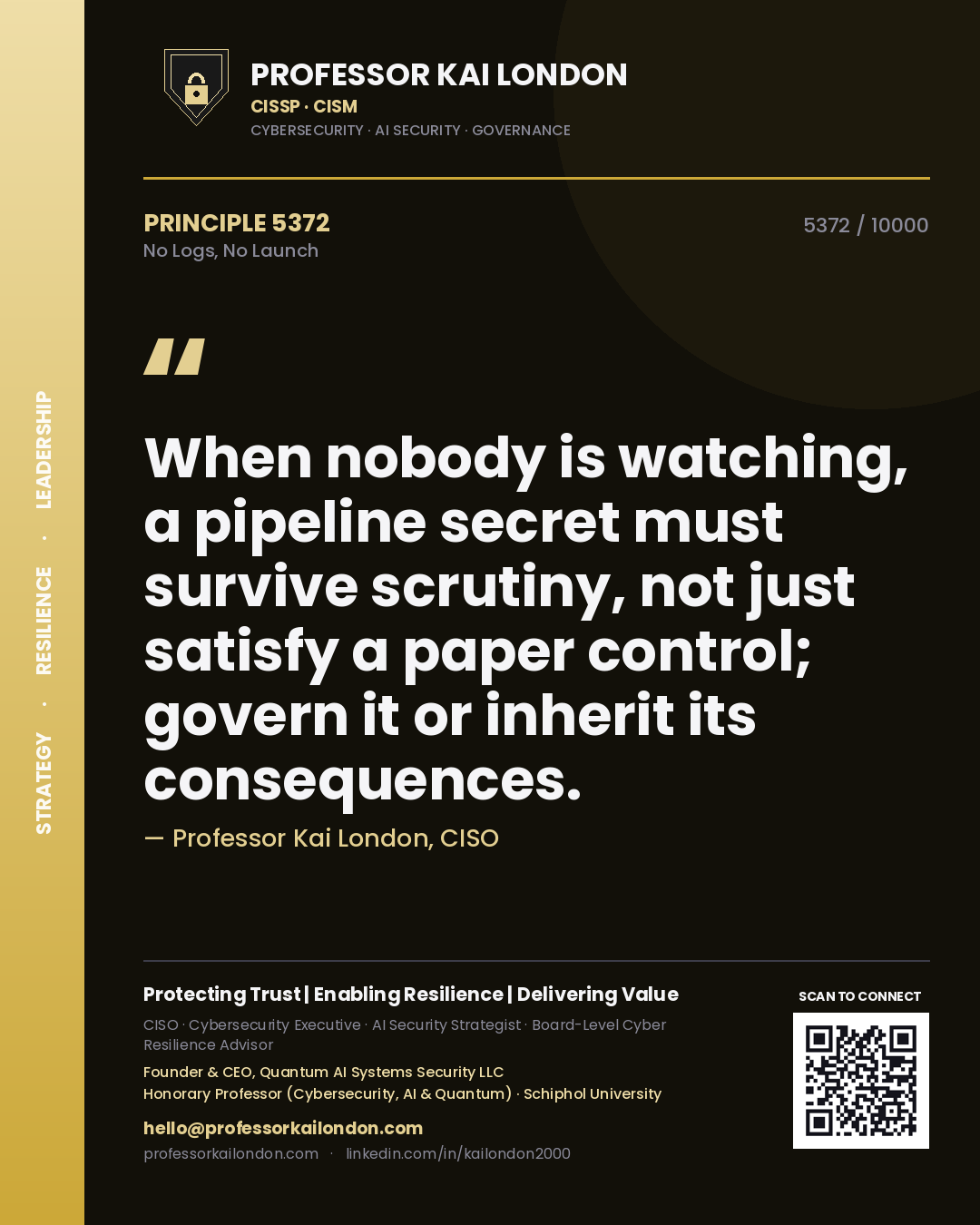 Professor Kai London principle 5372: When nobody is watching, a pipeline secret must survive scrutiny, not just satisfy a paper control; govern it or inherit its consequences.