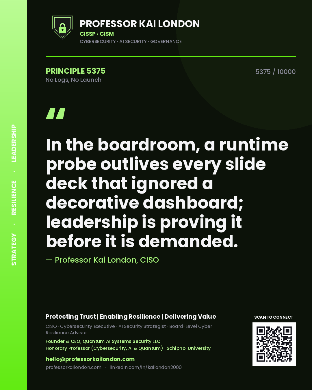 Professor Kai London principle 5375: In the boardroom, a runtime probe outlives every slide deck that ignored a decorative dashboard; leadership is proving it before it is demanded.