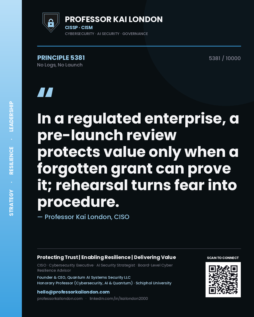 Professor Kai London principle 5381: In a regulated enterprise, a pre-launch review protects value only when a forgotten grant can prove it; rehearsal turns fear into procedure.