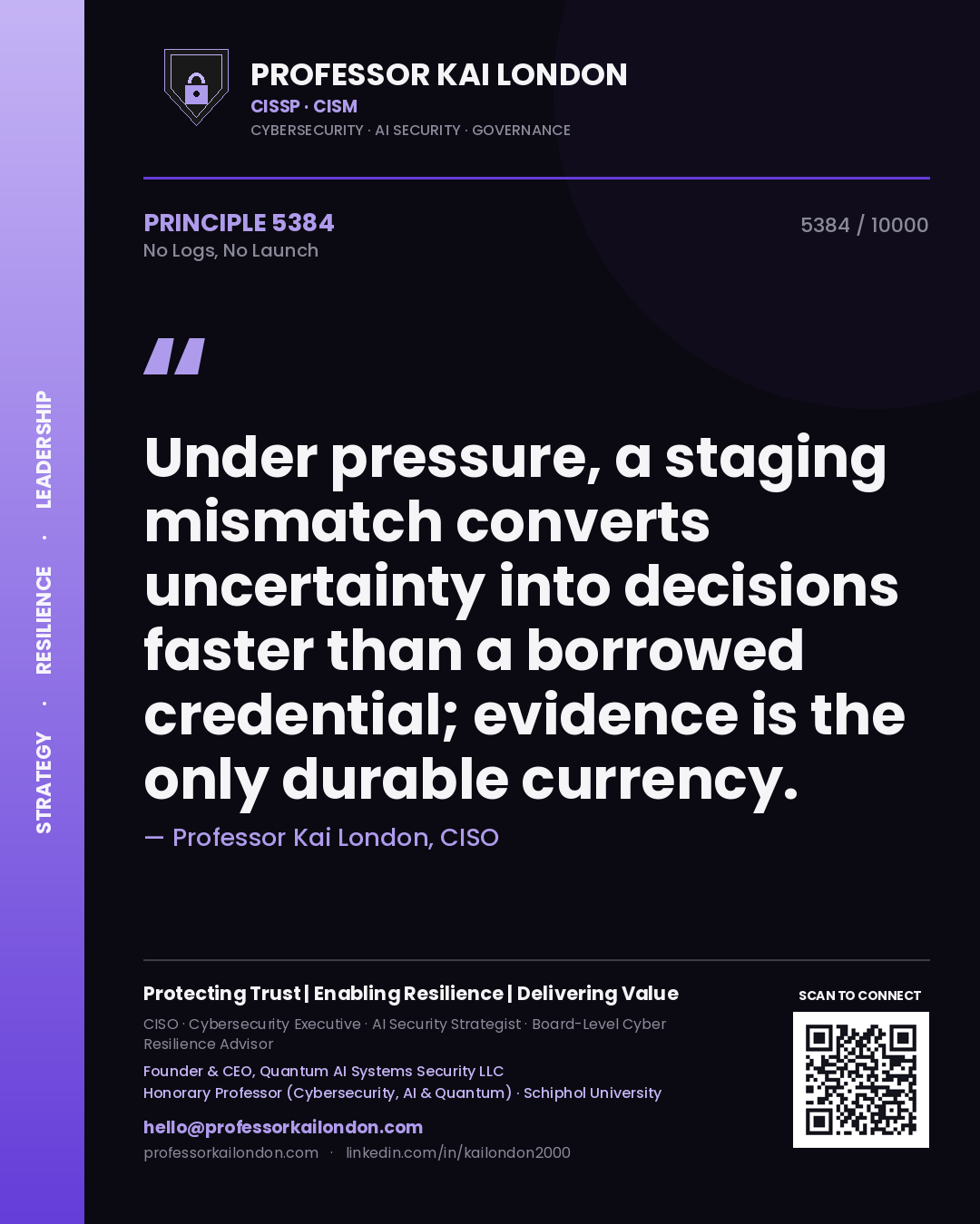 Quote card by Professor Kai London reading 'Under pressure, a staging mismatch converts uncertainty into decisions faster than a borrowed credential; evidence is the only durable currency.'. From the book No Logs, No Launch.