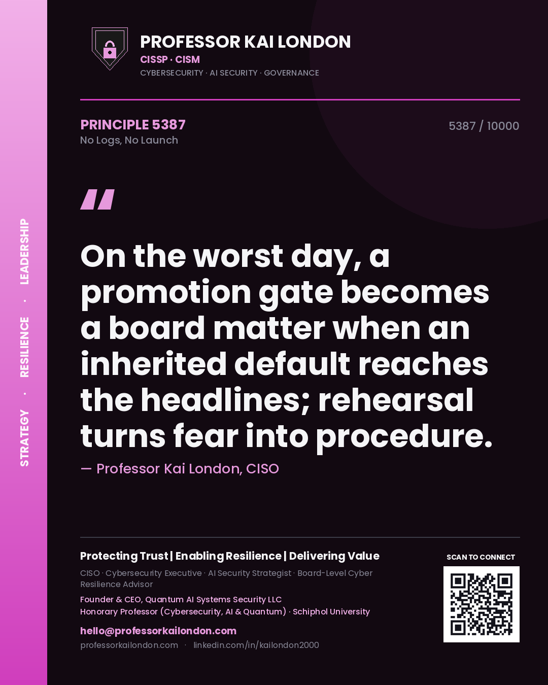 Professor Kai London principle 5387: On the worst day, a promotion gate becomes a board matter when an inherited default reaches the headlines; rehearsal turns fear into procedure.