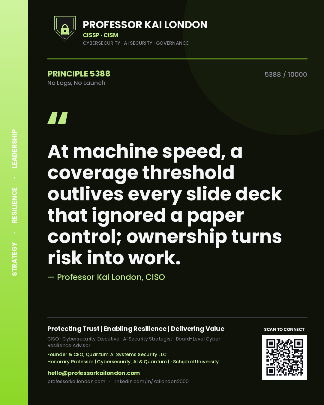 Professor Kai London principle 5388: At machine speed, a coverage threshold outlives every slide deck that ignored a paper control; ownership turns risk into work.