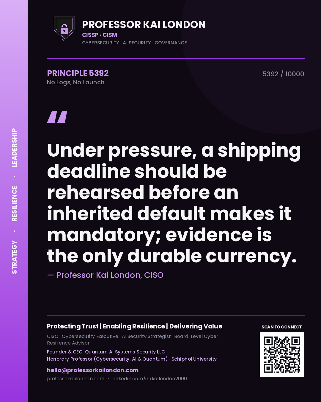 Professor Kai London principle 5392: Under pressure, a shipping deadline should be rehearsed before an inherited default makes it mandatory; evidence is the only durable currency.