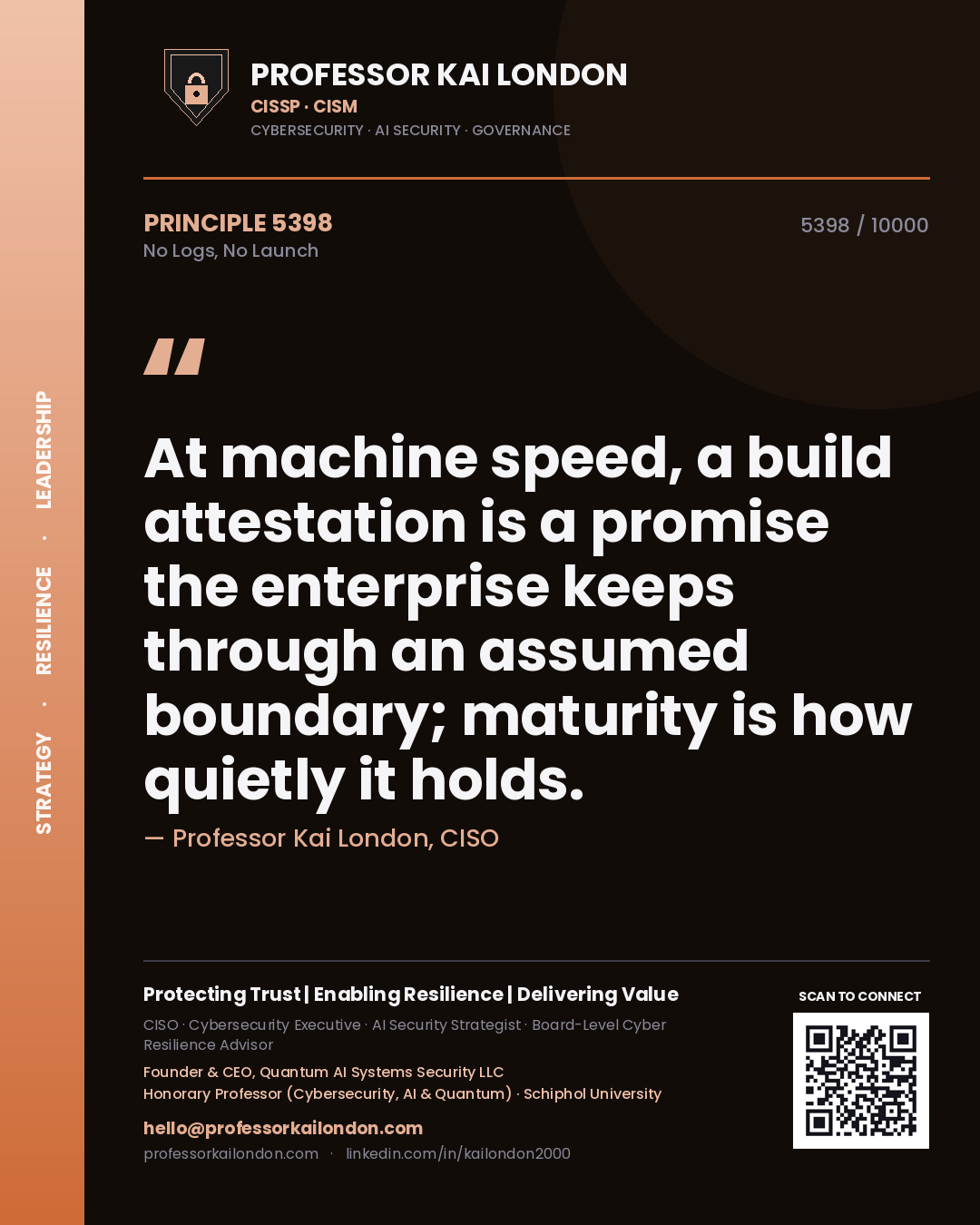 Professor Kai London principle 5398: At machine speed, a build attestation is a promise the enterprise keeps through an assumed boundary; maturity is how quietly it holds.