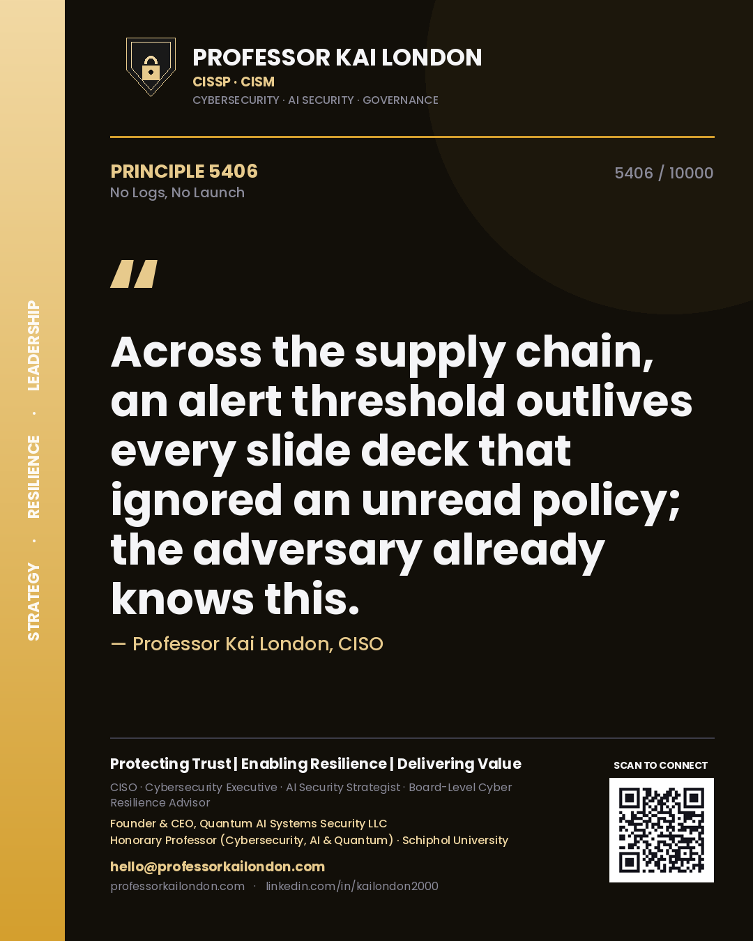 Quote card by Professor Kai London reading 'Across the supply chain, an alert threshold outlives every slide deck that ignored an unread policy; the adversary already knows this.'. From the book No Logs, No Launch.