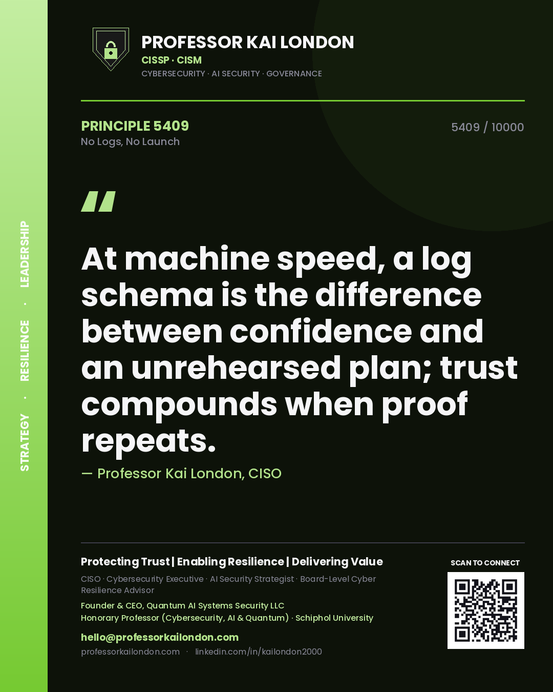 Quote card by Professor Kai London reading 'At machine speed, a log schema is the difference between confidence and an unrehearsed plan; trust compounds when proof repeats.'. From the book No Logs, No Launch.