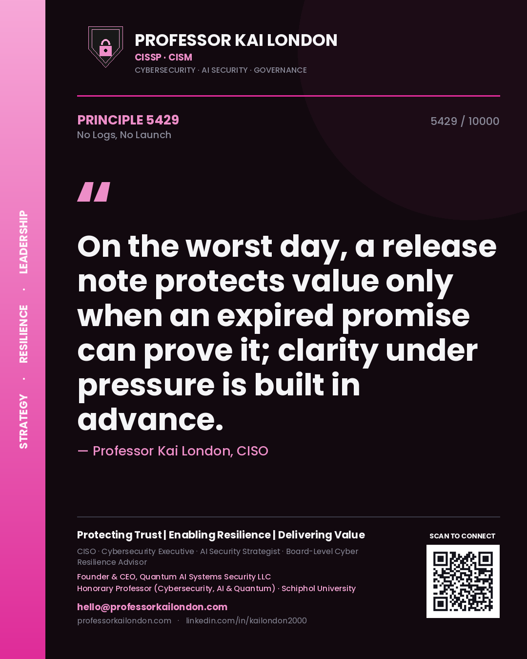 Quote card by Professor Kai London reading 'On the worst day, a release note protects value only when an expired promise can prove it; clarity under pressure is built in advance.'. From the book No Logs, No Launch.