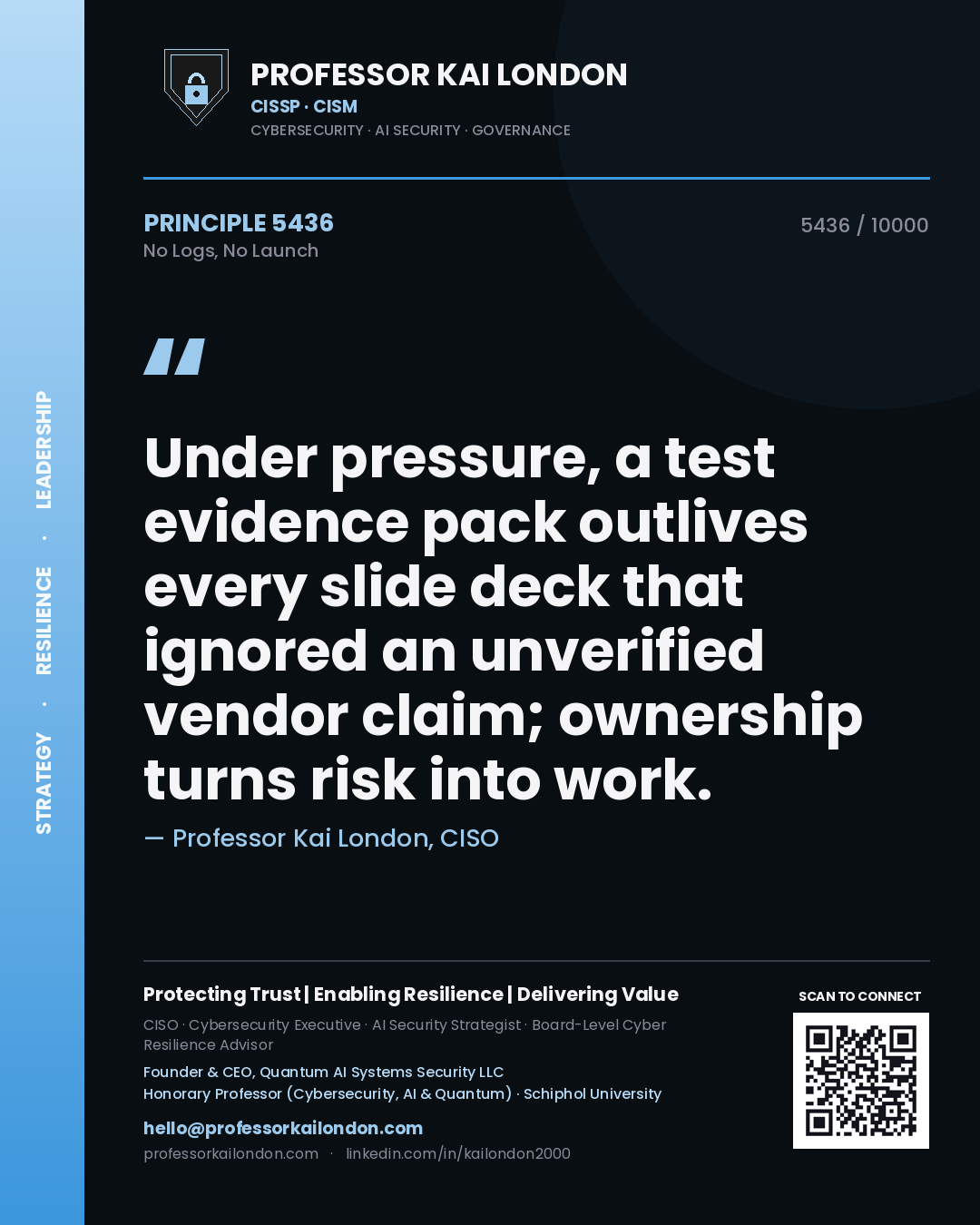 Quote card by Professor Kai London reading 'Under pressure, a test evidence pack outlives every slide deck that ignored an unverified vendor claim; ownership turns risk into work.'. From the book No Logs, No Launch.
