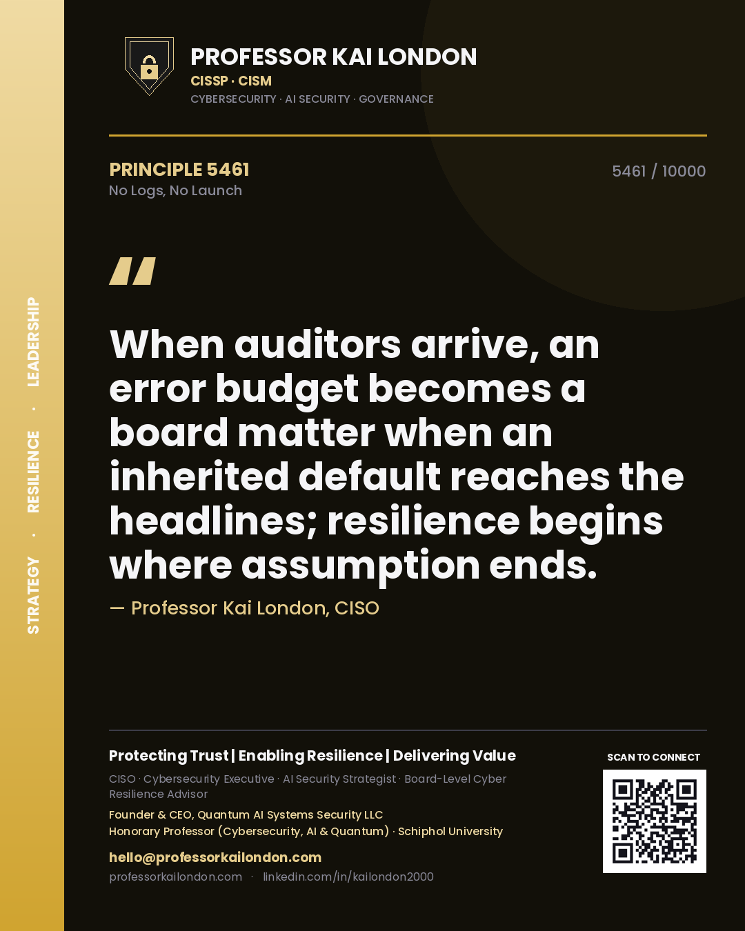 Quote card by Professor Kai London reading 'When auditors arrive, an error budget becomes a board matter when an inherited default reaches the headlines; resilience begins where assumption ends.'. From the book No Logs, No Launch.