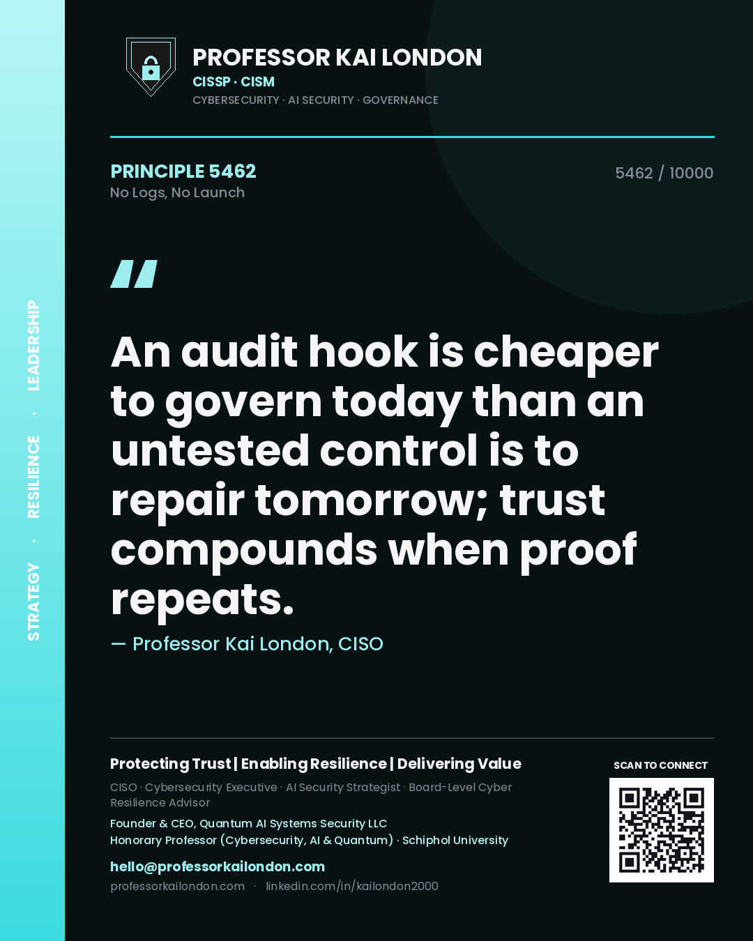 Professor Kai London principle 5462: An audit hook is cheaper to govern today than an untested control is to repair tomorrow; trust compounds when proof repeats.