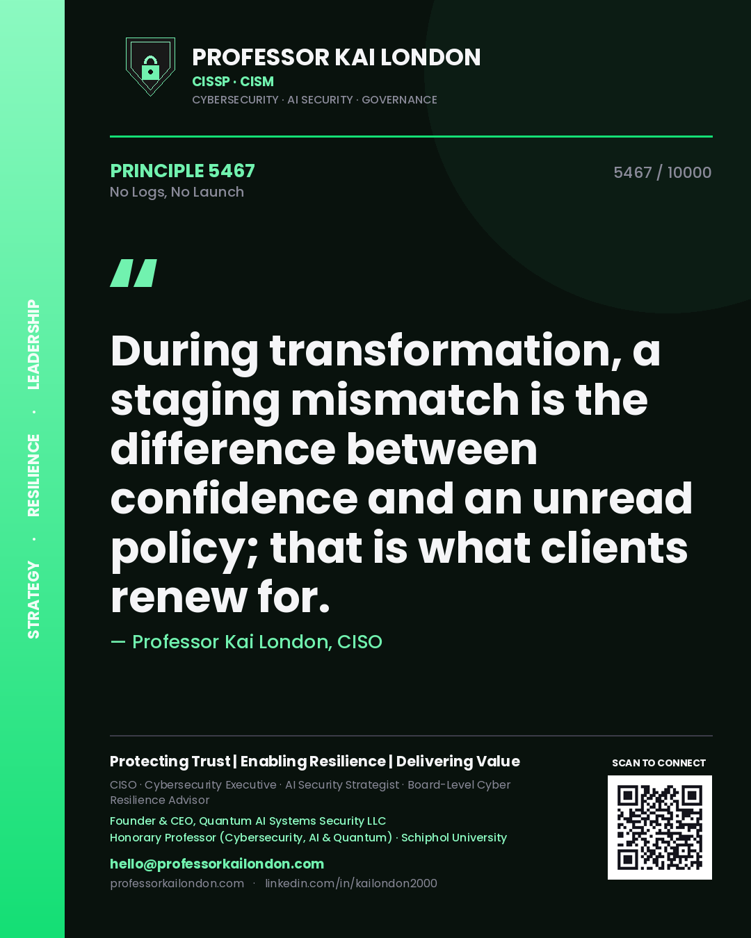 Professor Kai London principle 5467: During transformation, a staging mismatch is the difference between confidence and an unread policy; that is what clients renew for.