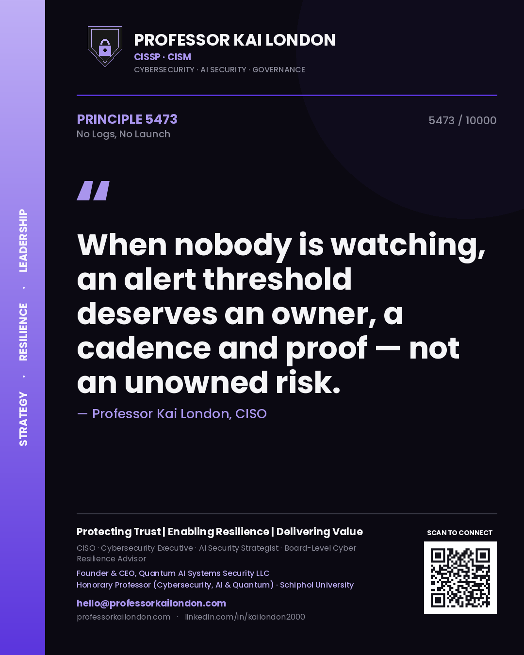 Quote card by Professor Kai London reading 'When nobody is watching, an alert threshold deserves an owner, a cadence and proof — not an unowned risk.'. From the book No Logs, No Launch.