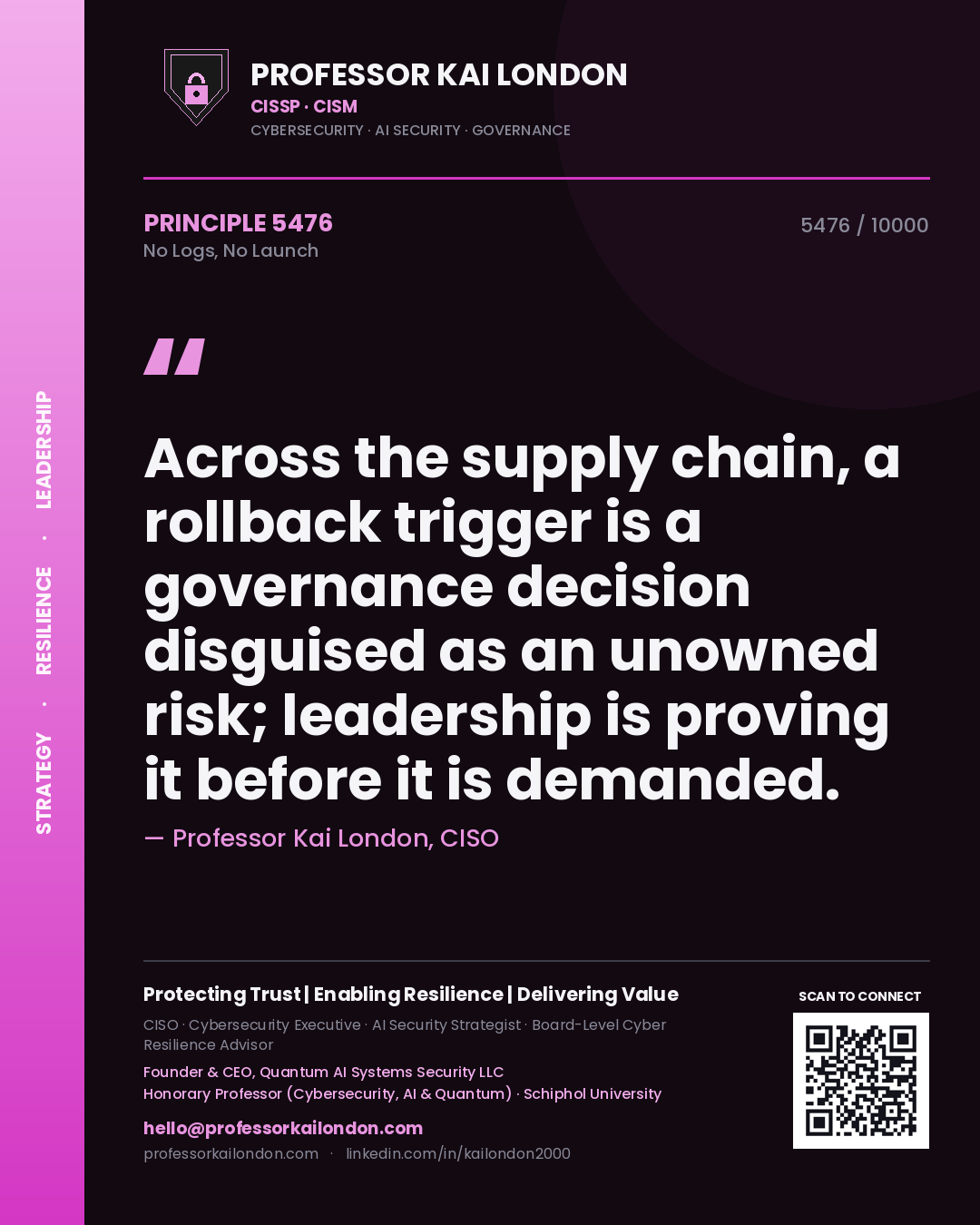 Professor Kai London principle 5476: Across the supply chain, a rollback trigger is a governance decision disguised as an unowned risk; leadership is proving it before it is demanded.