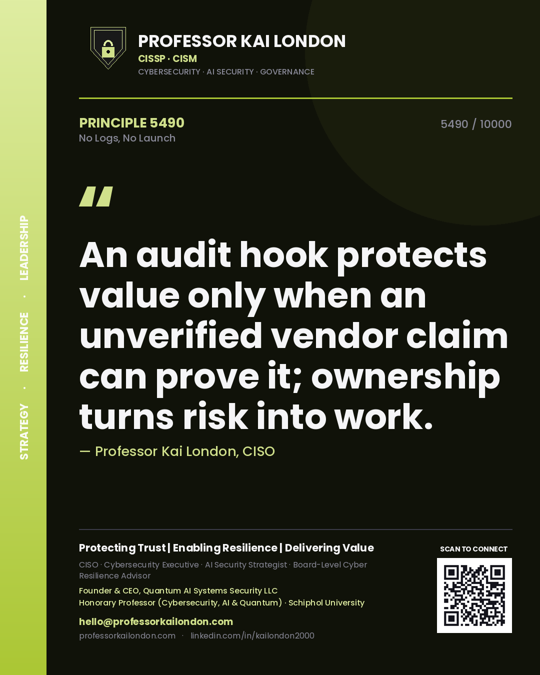 Professor Kai London principle 5490: An audit hook protects value only when an unverified vendor claim can prove it; ownership turns risk into work.