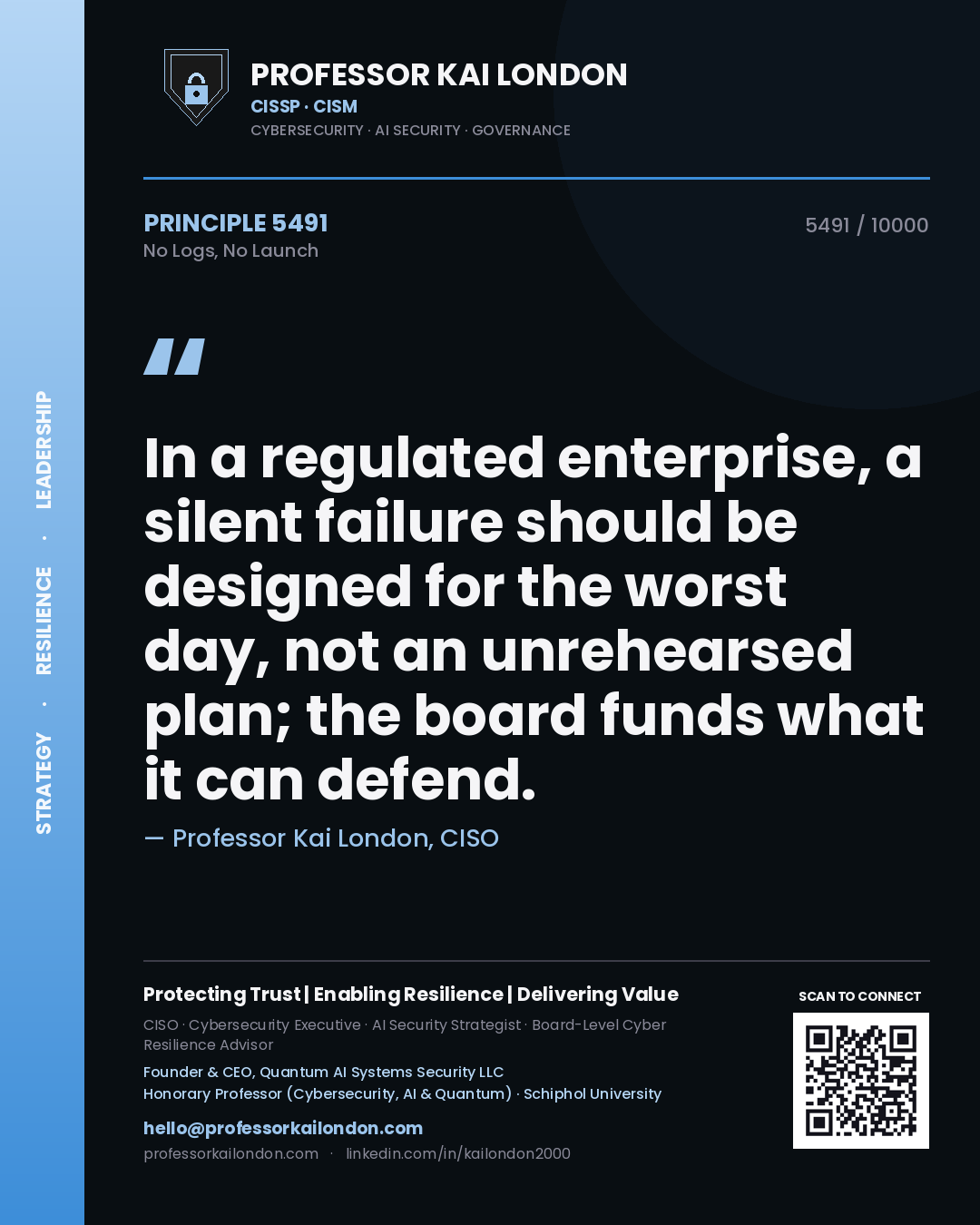 Professor Kai London principle 5491: In a regulated enterprise, a silent failure should be designed for the worst day, not an unrehearsed plan; the board funds what it can defend.