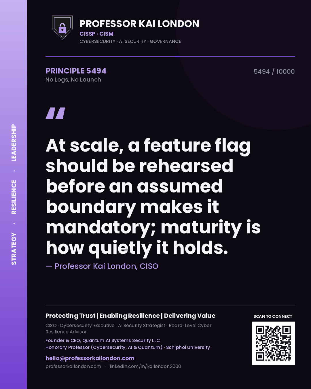 Professor Kai London principle 5494: At scale, a feature flag should be rehearsed before an assumed boundary makes it mandatory; maturity is how quietly it holds.