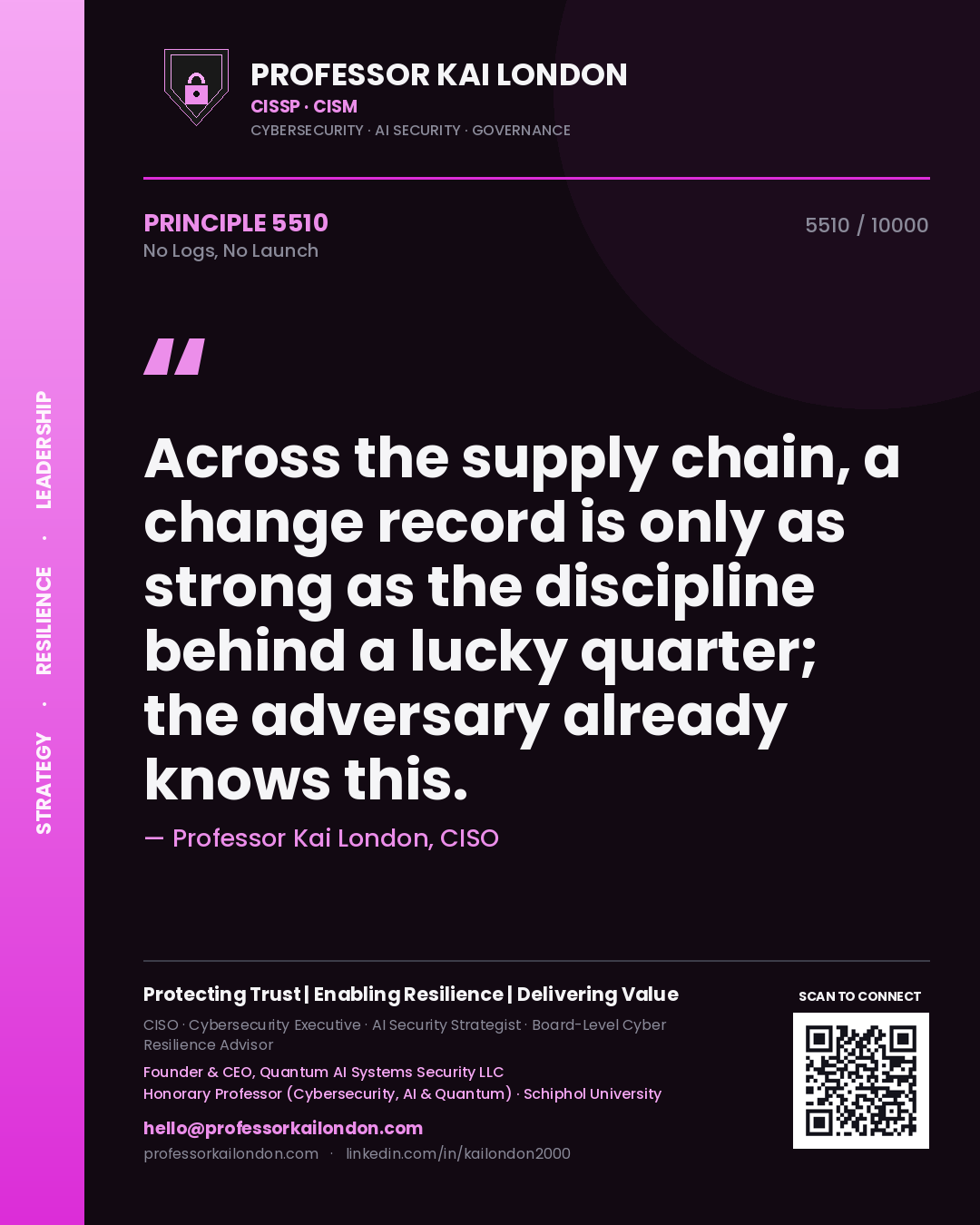 Quote card by Professor Kai London reading 'Across the supply chain, a change record is only as strong as the discipline behind a lucky quarter; the adversary already knows this.'. From the book No Logs, No Launch.