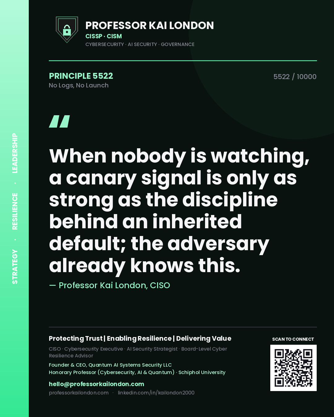 Quote card by Professor Kai London reading 'When nobody is watching, a canary signal is only as strong as the discipline behind an inherited default; the adversary already knows this.'. From the book No Logs, No Launch.