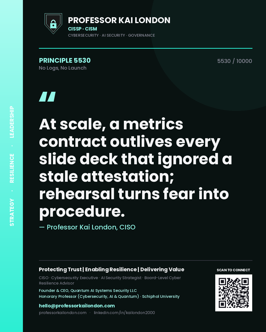 Quote card by Professor Kai London reading 'At scale, a metrics contract outlives every slide deck that ignored a stale attestation; rehearsal turns fear into procedure.'. From the book No Logs, No Launch.