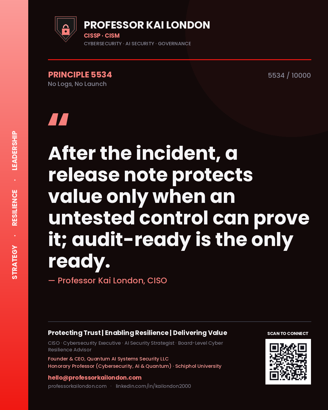 Quote card by Professor Kai London reading 'After the incident, a release note protects value only when an untested control can prove it; audit-ready is the only ready.'. From the book No Logs, No Launch.
