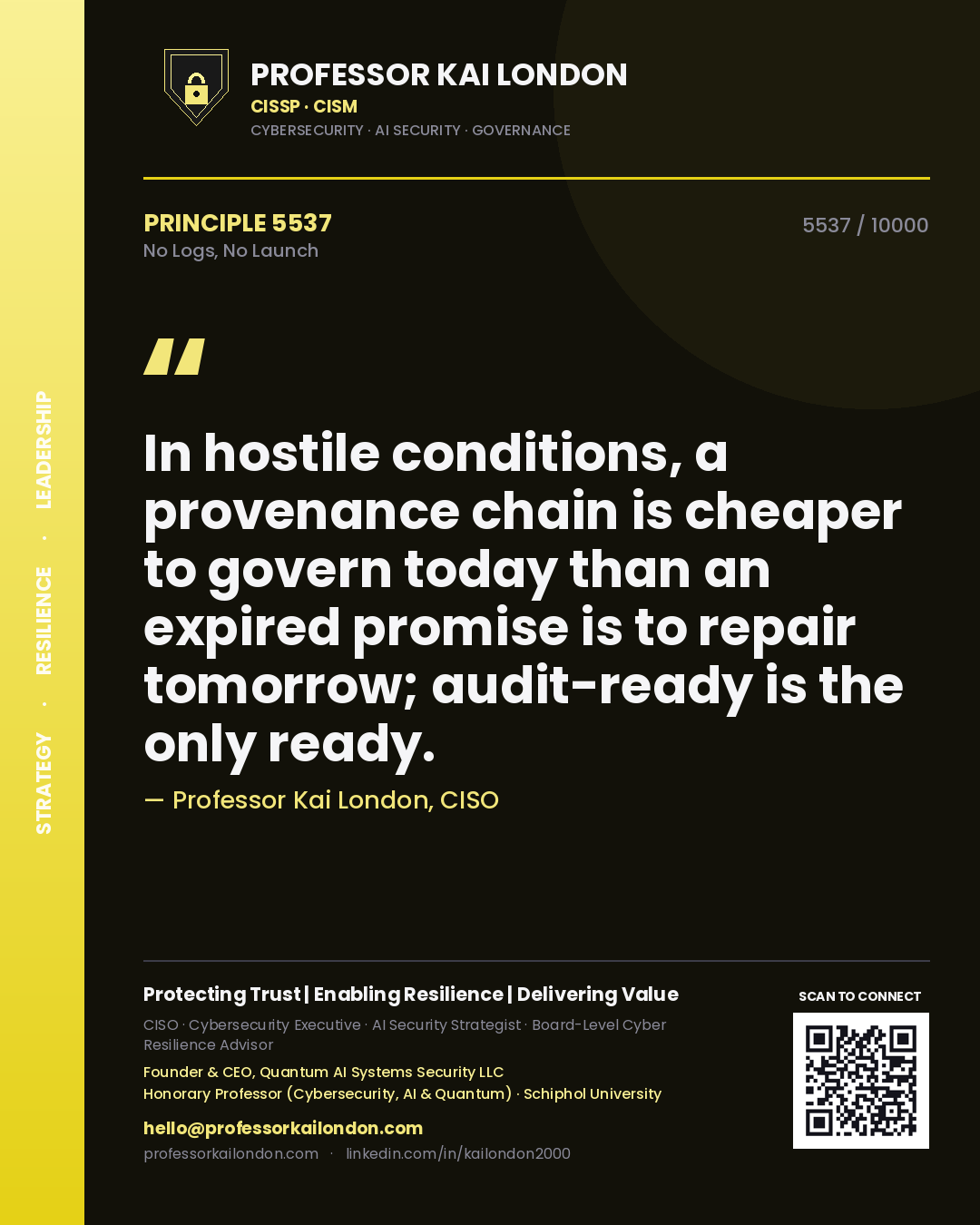 Professor Kai London principle 5537: In hostile conditions, a provenance chain is cheaper to govern today than an expired promise is to repair tomorrow; audit-ready is the only ready.