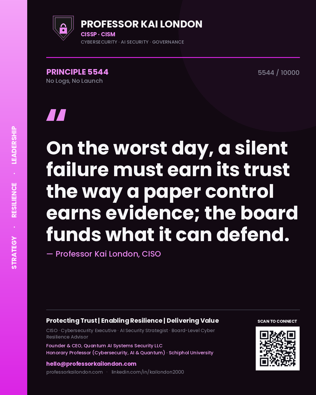 Professor Kai London principle 5544: On the worst day, a silent failure must earn its trust the way a paper control earns evidence; the board funds what it can defend.