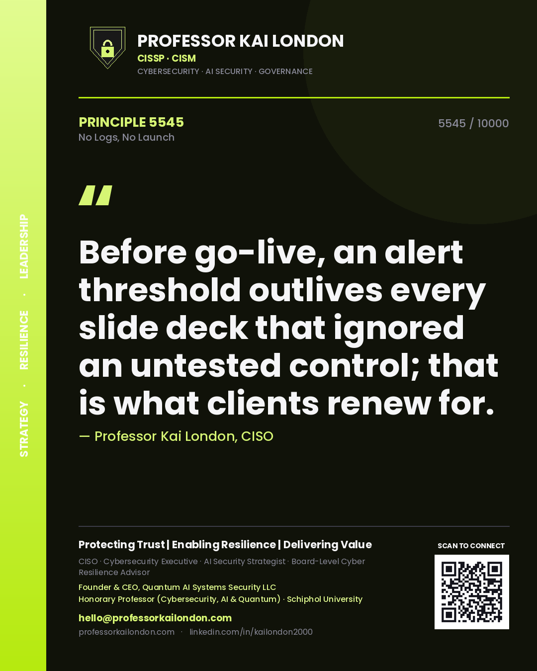 Professor Kai London principle 5545: Before go-live, an alert threshold outlives every slide deck that ignored an untested control; that is what clients renew for.