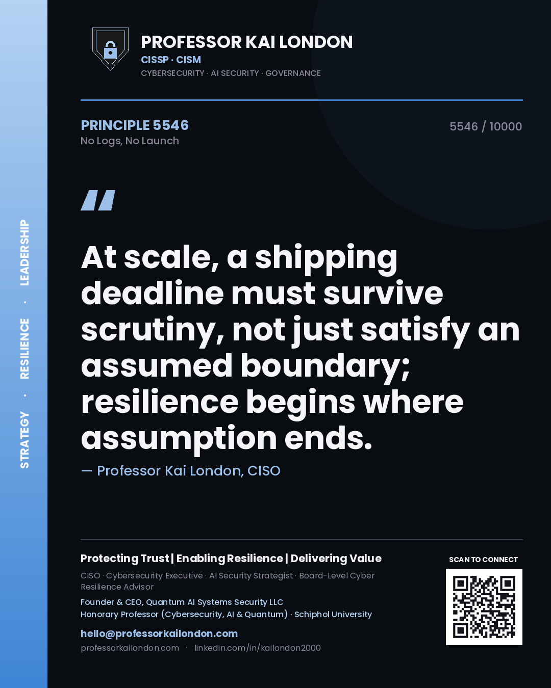 Professor Kai London principle 5546: At scale, a shipping deadline must survive scrutiny, not just satisfy an assumed boundary; resilience begins where assumption ends.