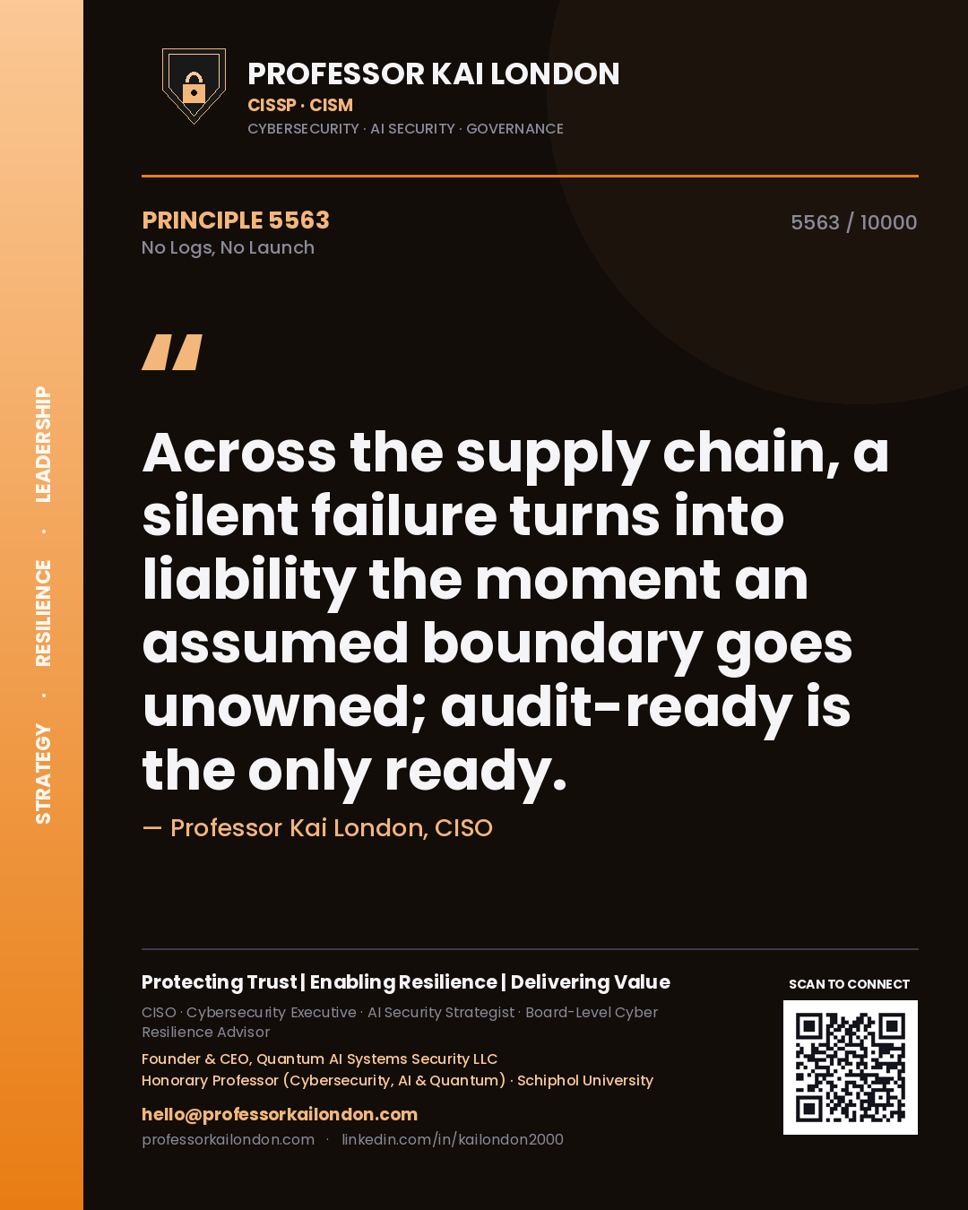 Professor Kai London principle 5563: Across the supply chain, a silent failure turns into liability the moment an assumed boundary goes unowned; audit-ready is the only ready.