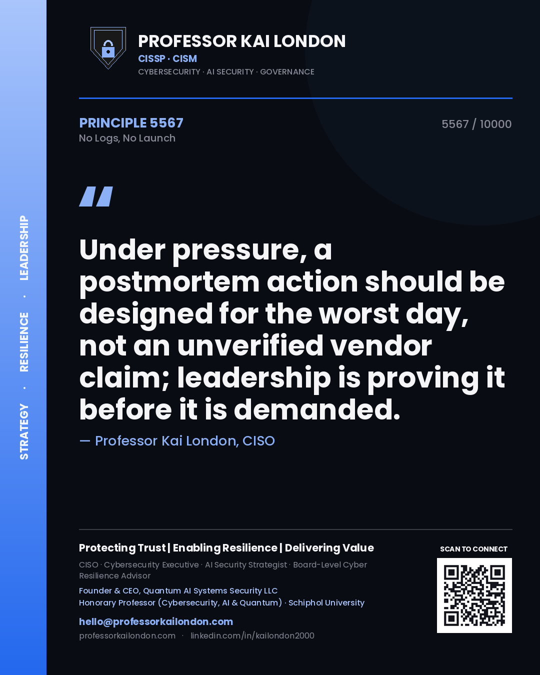 Professor Kai London principle 5567: Under pressure, a postmortem action should be designed for the worst day, not an unverified vendor claim; leadership is proving it before it is demanded.