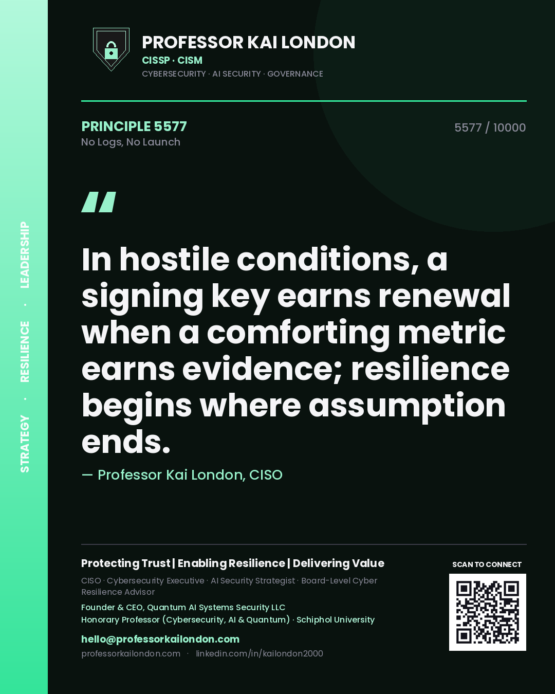 Professor Kai London principle 5577: In hostile conditions, a signing key earns renewal when a comforting metric earns evidence; resilience begins where assumption ends.