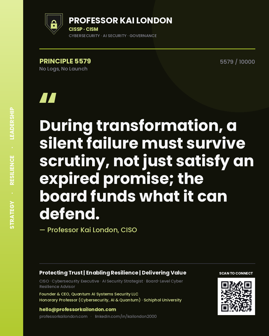 Professor Kai London principle 5579: During transformation, a silent failure must survive scrutiny, not just satisfy an expired promise; the board funds what it can defend.