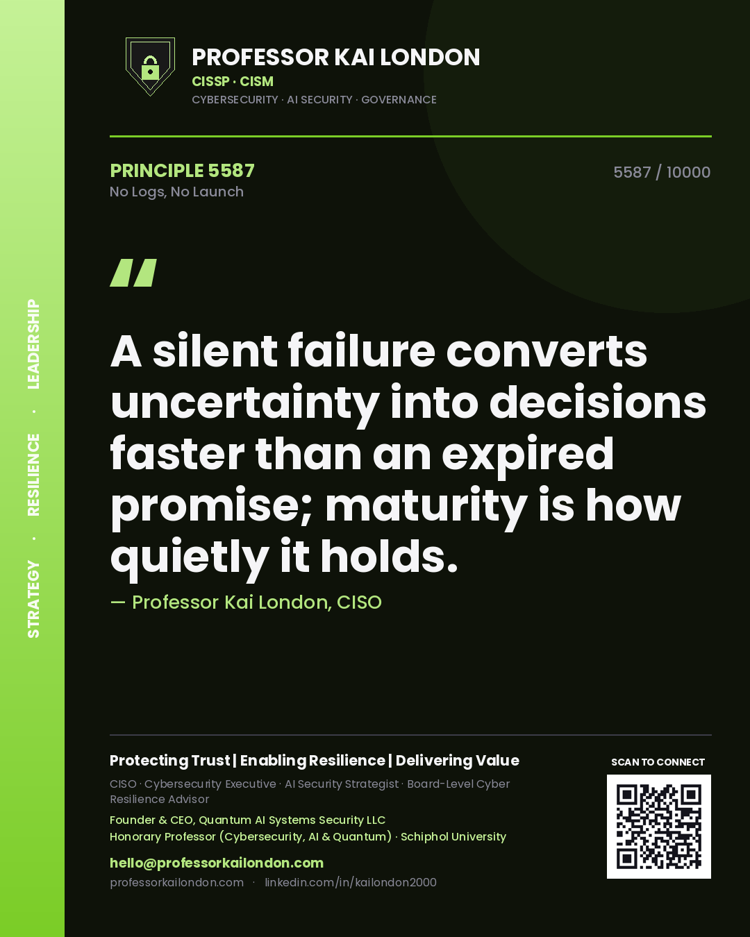 Professor Kai London principle 5587: A silent failure converts uncertainty into decisions faster than an expired promise; maturity is how quietly it holds.