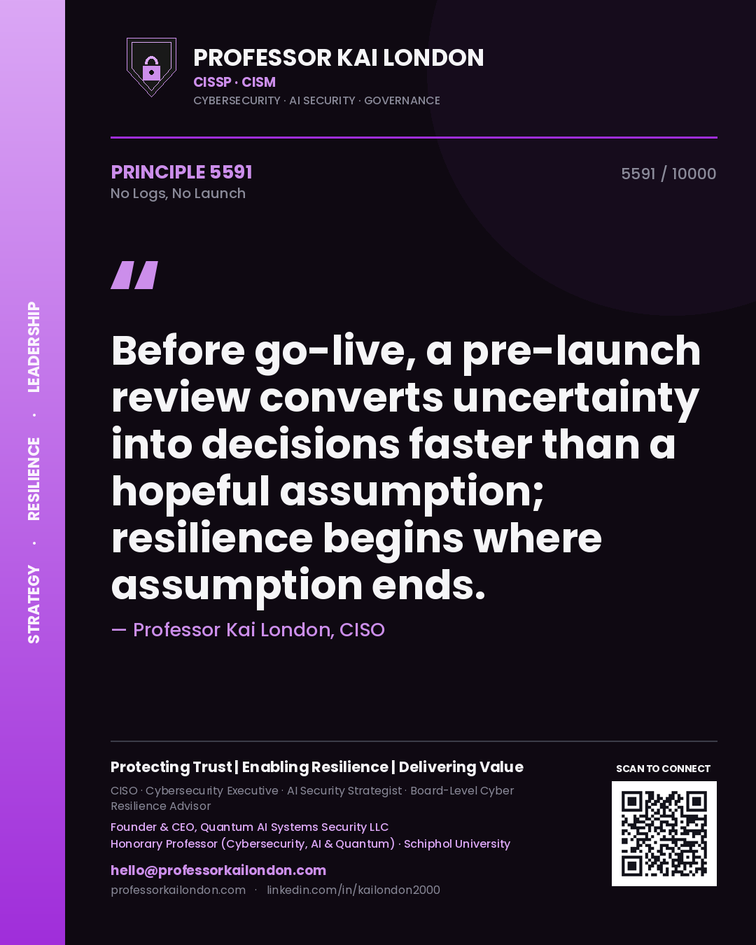 Professor Kai London principle 5591: Before go-live, a pre-launch review converts uncertainty into decisions faster than a hopeful assumption; resilience begins where assumption ends.