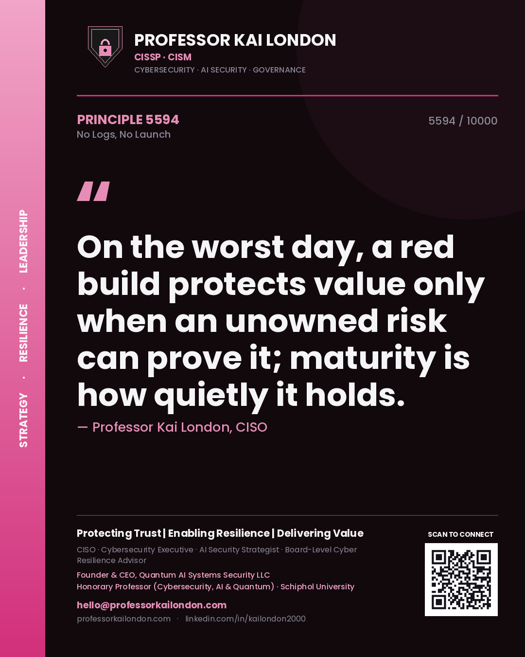 Quote card by Professor Kai London reading 'On the worst day, a red build protects value only when an unowned risk can prove it; maturity is how quietly it holds.'. From the book No Logs, No Launch.