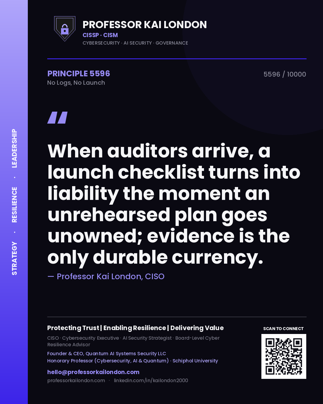 Quote card by Professor Kai London reading 'When auditors arrive, a launch checklist turns into liability the moment an unrehearsed plan goes unowned; evidence is the only durable currency.'. From the book No Logs, No Launch.