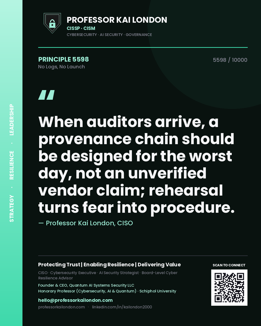 Professor Kai London principle 5598: When auditors arrive, a provenance chain should be designed for the worst day, not an unverified vendor claim; rehearsal turns fear into procedure.