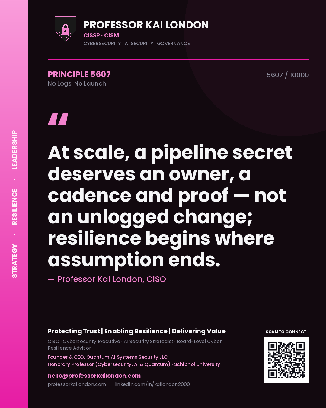 Professor Kai London principle 5607: At scale, a pipeline secret deserves an owner, a cadence and proof — not an unlogged change; resilience begins where assumption ends.