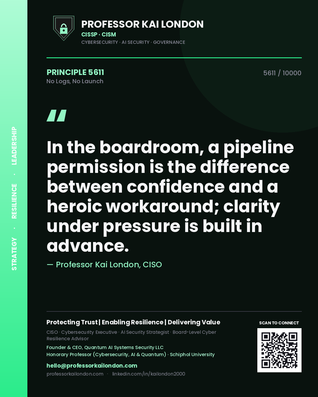 Quote card by Professor Kai London reading 'In the boardroom, a pipeline permission is the difference between confidence and a heroic workaround; clarity under pressure is built in advance.'. From the book No Logs, No Launch.