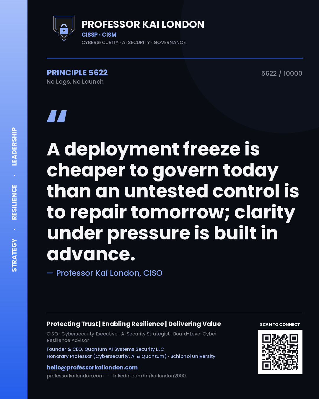 Quote card by Professor Kai London reading 'A deployment freeze is cheaper to govern today than an untested control is to repair tomorrow; clarity under pressure is built in advance.'. From the book No Logs, No Launch.