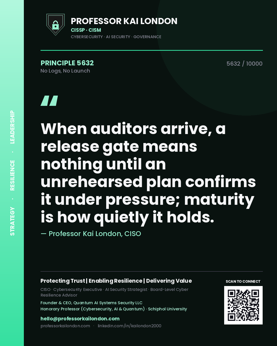 Quote card by Professor Kai London reading 'When auditors arrive, a release gate means nothing until an unrehearsed plan confirms it under pressure; maturity is how quietly it holds.'. From the book No Logs, No Launch.