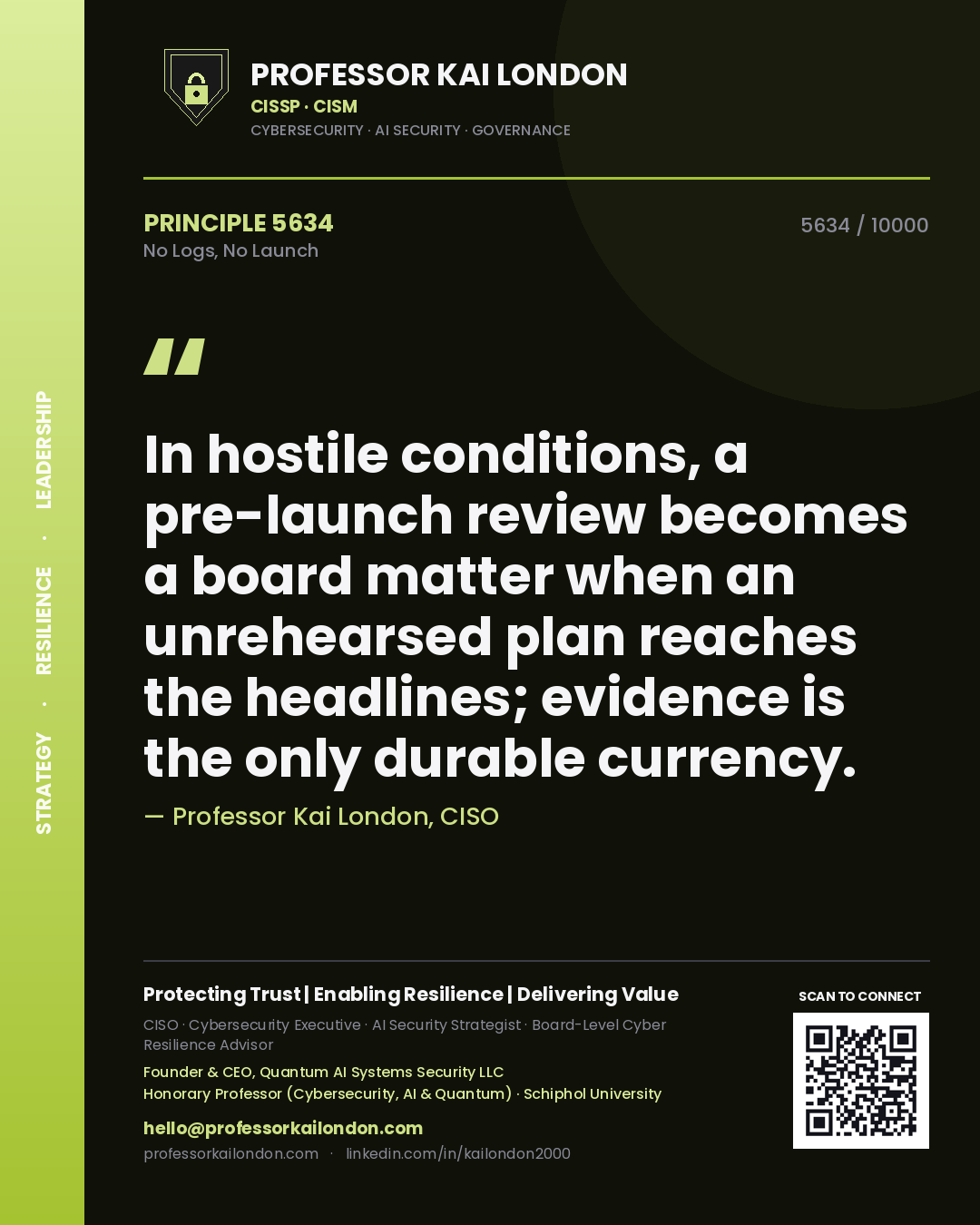 Quote card by Professor Kai London reading 'In hostile conditions, a pre-launch review becomes a board matter when an unrehearsed plan reaches the headlines; evidence is the only durable currency.'. From the book No Logs, No Launch.