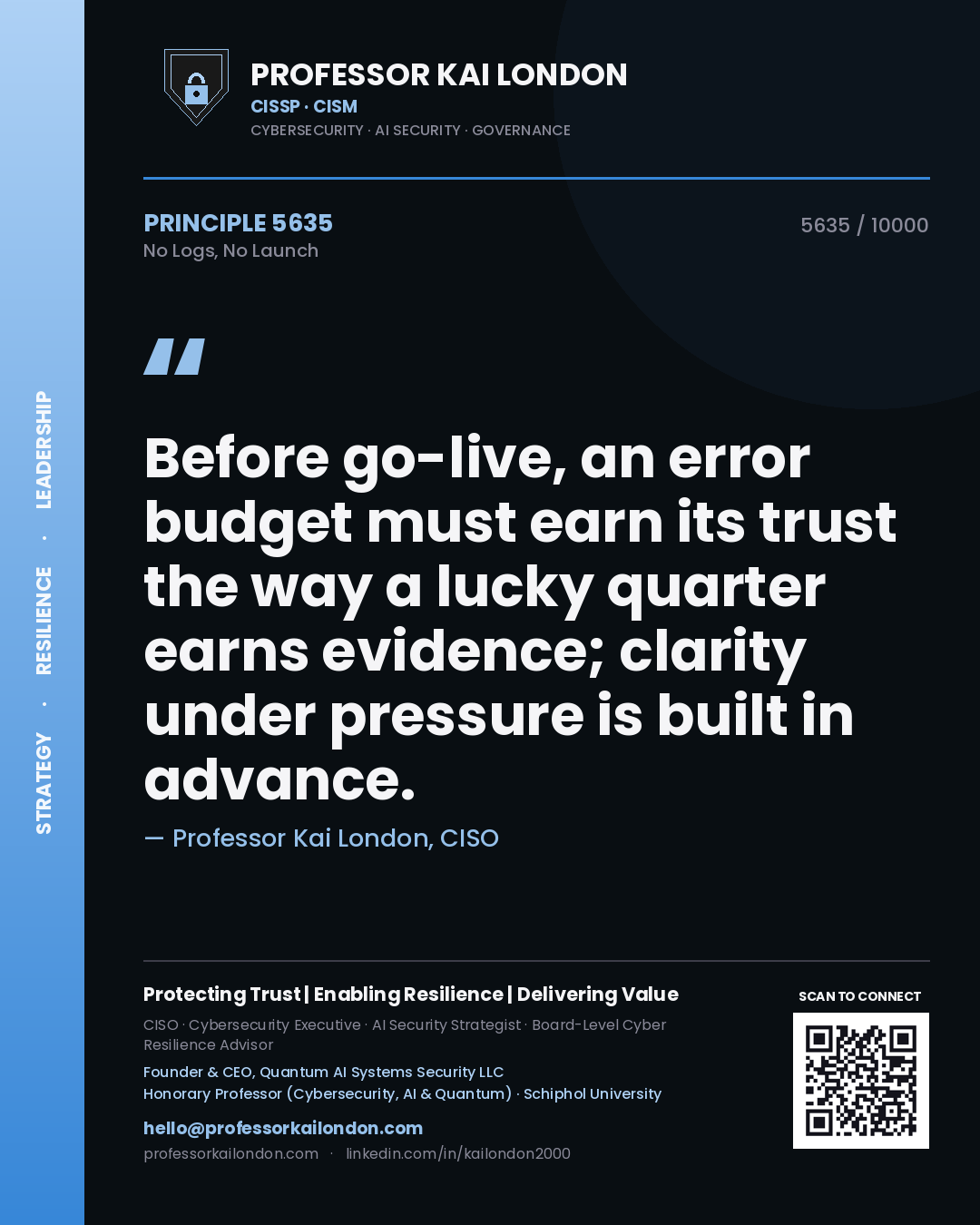 Professor Kai London principle 5635: Before go-live, an error budget must earn its trust the way a lucky quarter earns evidence; clarity under pressure is built in advance.