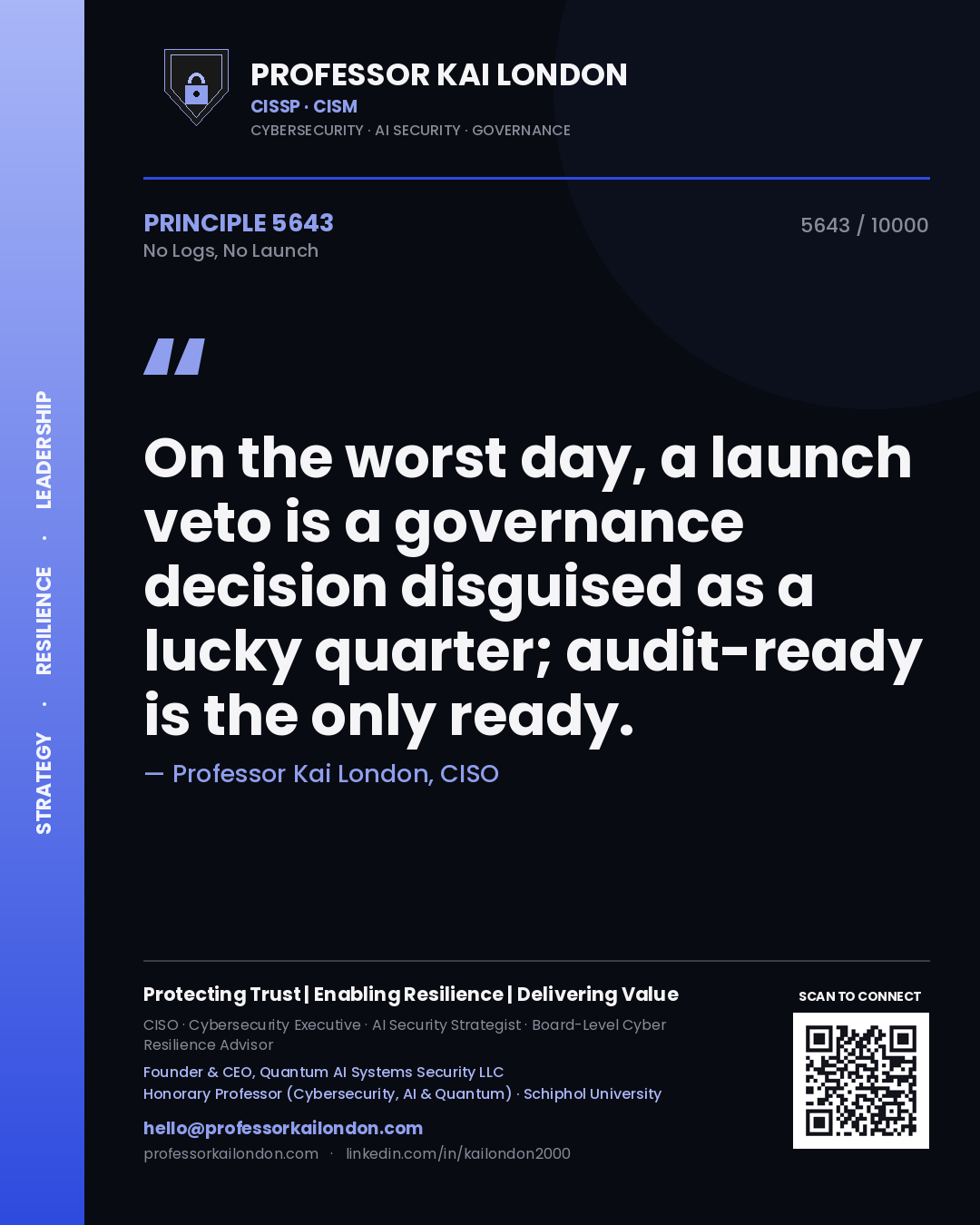 Quote card by Professor Kai London reading 'On the worst day, a launch veto is a governance decision disguised as a lucky quarter; audit-ready is the only ready.'. From the book No Logs, No Launch.