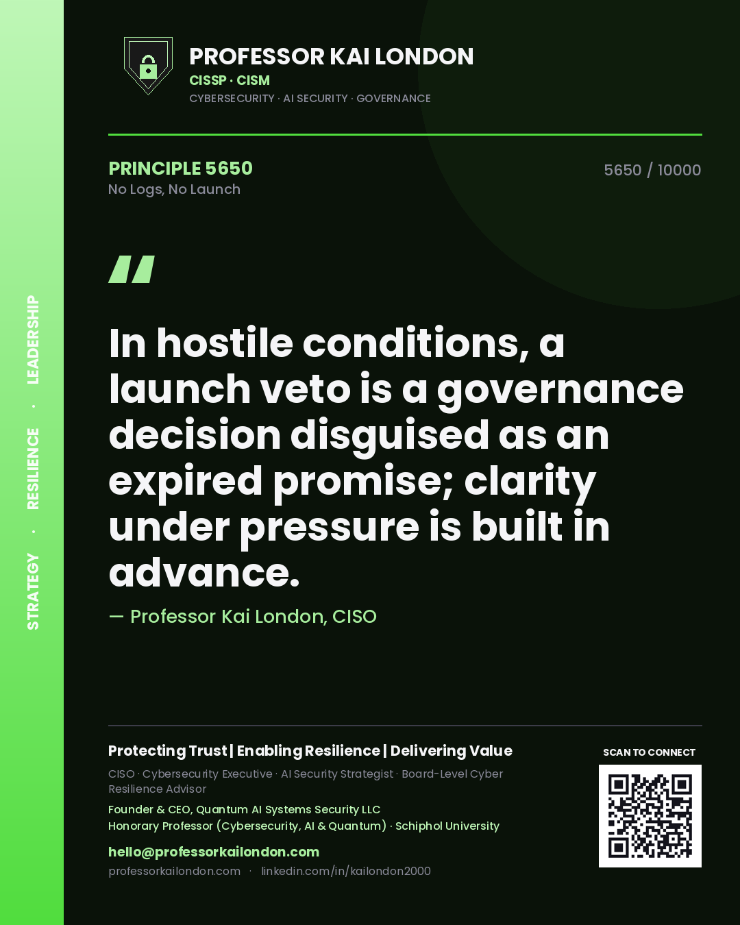Professor Kai London principle 5650: In hostile conditions, a launch veto is a governance decision disguised as an expired promise; clarity under pressure is built in advance.
