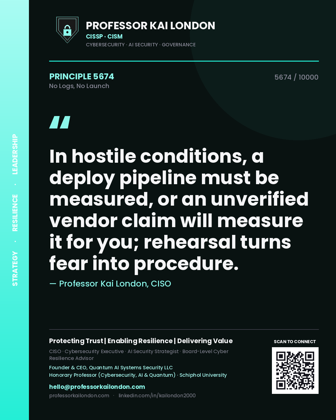 Professor Kai London principle 5674: In hostile conditions, a deploy pipeline must be measured, or an unverified vendor claim will measure it for you; rehearsal turns fear into procedure.