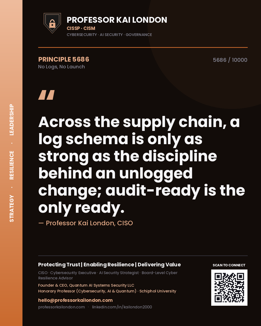 Quote card by Professor Kai London reading 'Across the supply chain, a log schema is only as strong as the discipline behind an unlogged change; audit-ready is the only ready.'. From the book No Logs, No Launch.