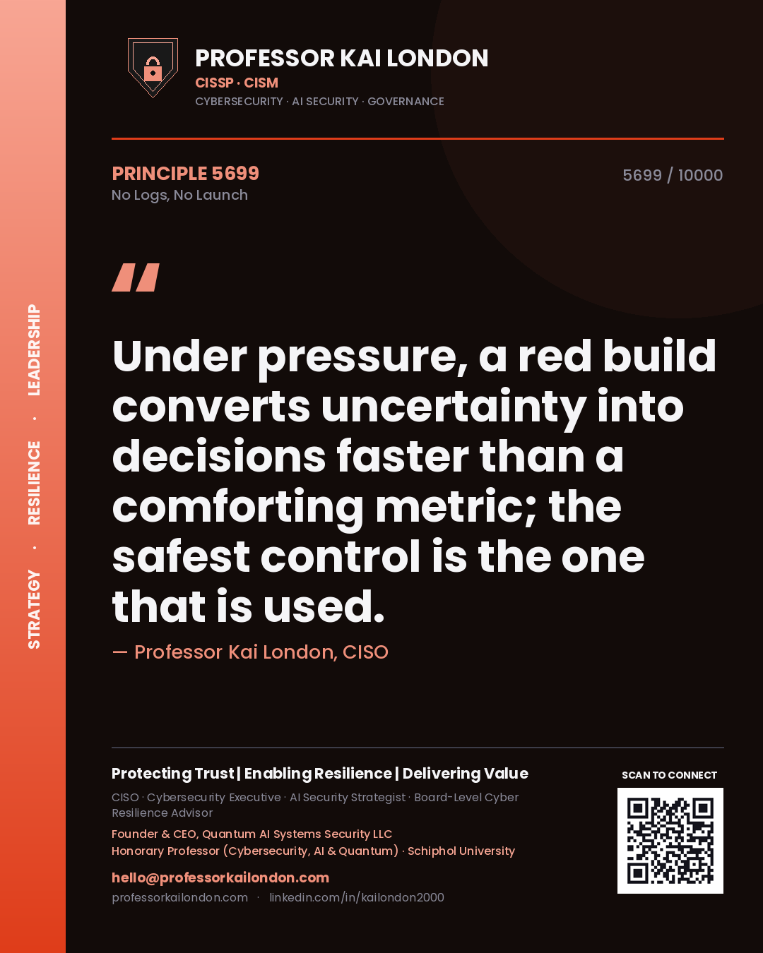 Professor Kai London principle 5699: Under pressure, a red build converts uncertainty into decisions faster than a comforting metric; the safest control is the one that is used.